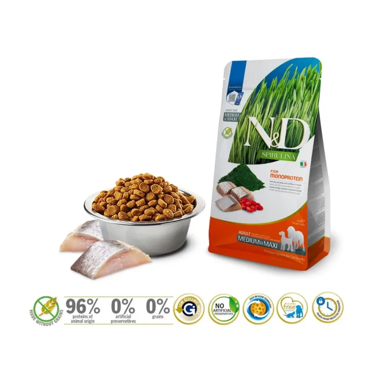 Kuiv koeratoit heeringaga 7 kg, pakend, kauss ja heeringafilee