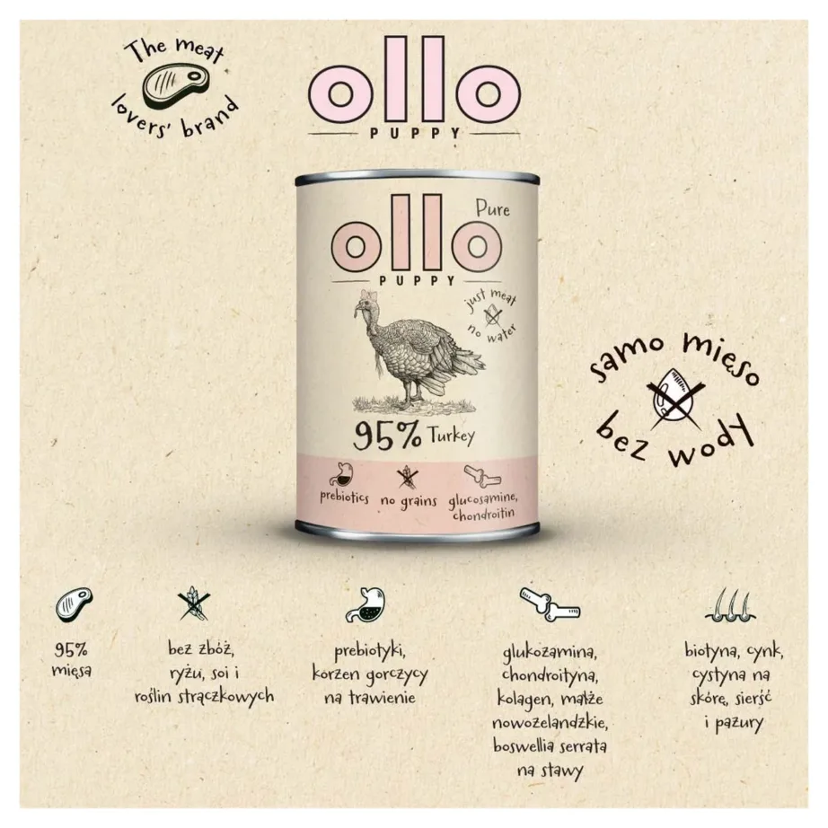 OLLO Puppy Pure Turkey 850 g monoproteiinne märgtoit kalkuniga kutsikatele, teraviljavaba, kõikidele tõugudele – 3