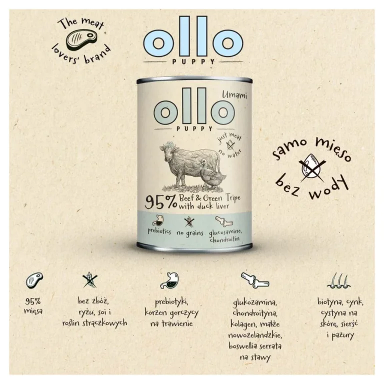 OLLO Puppy veiselihaga märgtoit kutsikatele, infoetikett