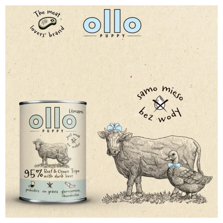 OLLO Puppy Umami konserv koos lehm ja part illustratsiooniga