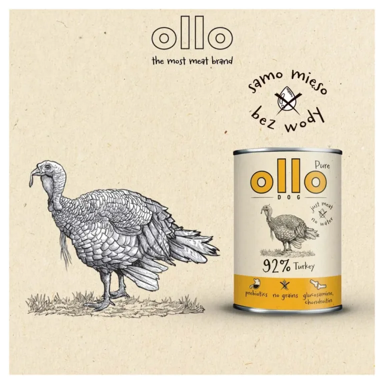 OLLO Pure Turkey kalkunikonserv ja kalkunijoonistus naturaaltaustal