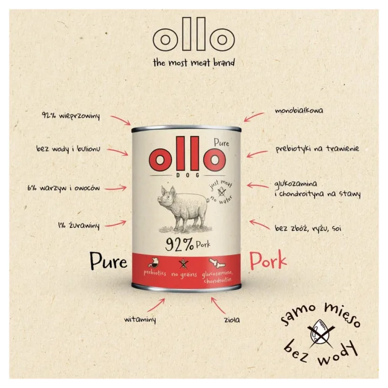 OLLO Pure Pork sealiha märgtoit koertele purk oluliste eelistega