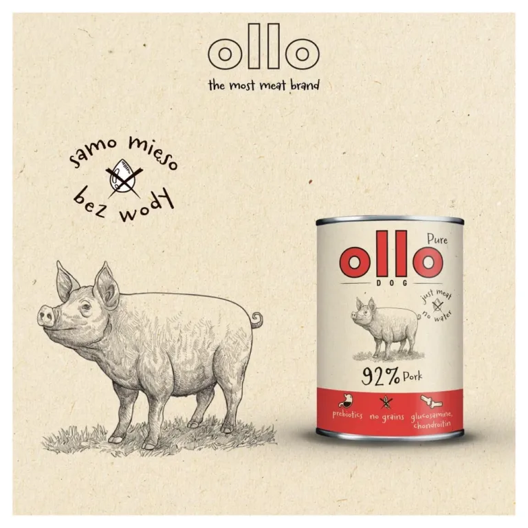 Koer sööb OLLO Pure Pork märgtoitu kausist