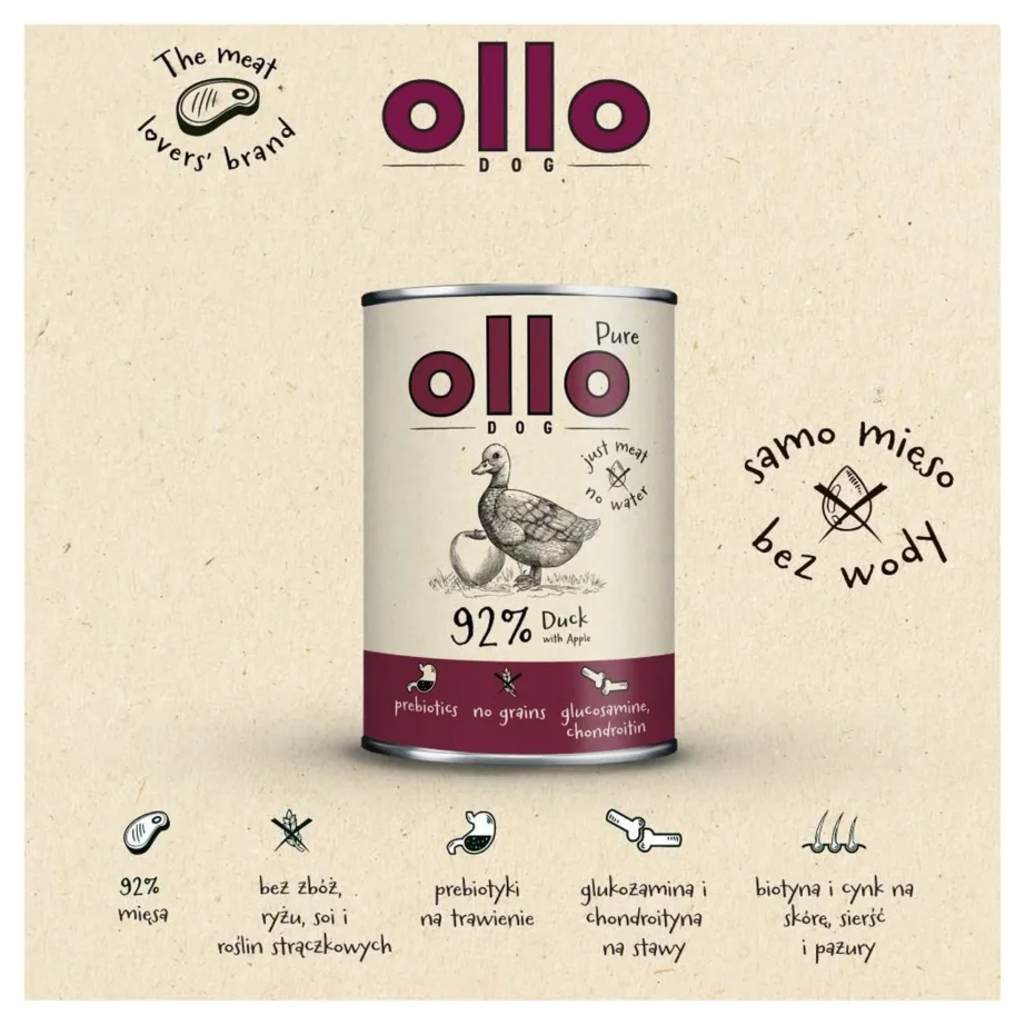 OLLO Pure Duck with Apple 400g täistoit pardilihaga täiskasvanud koertele, teravilja- ja gluteenivaba märgtoit – 2