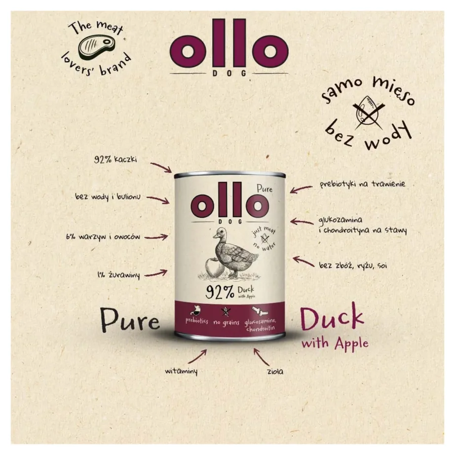 OLLO Pure Duck with Apple 400g täistoit pardilihaga täiskasvanud koertele, teravilja- ja gluteenivaba märgtoit – 4