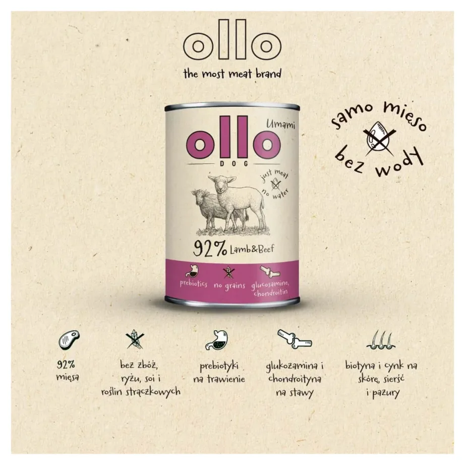 OLLO Umami 850 g lambaliha ja veiselihaga teraviljavaba märgtoit täiskasvanud koertele – 3