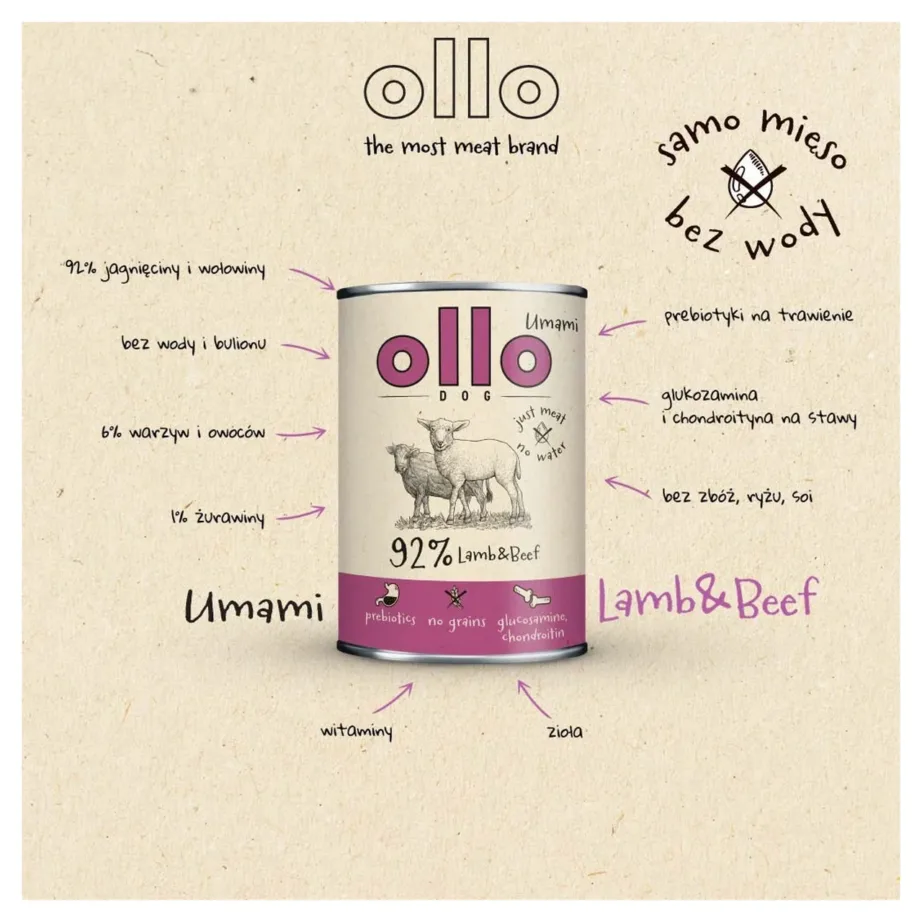 OLLO Umami 850 g lambaliha ja veiselihaga teraviljavaba märgtoit täiskasvanud koertele – 4