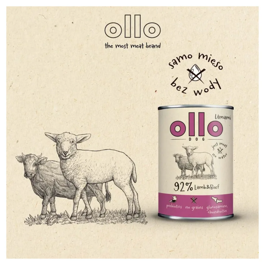 OLLO Umami 850 g lambaliha ja veiselihaga teraviljavaba märgtoit täiskasvanud koertele – 5