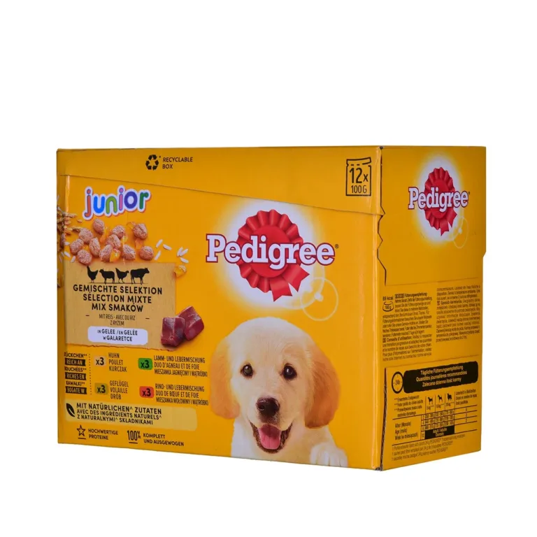 Pedigree märgtoit kutsikatele kanaliha karp vasak külg