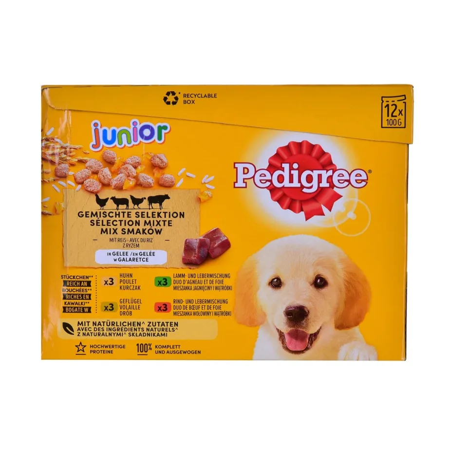 Pedigree Junior Selection Mix 12 x 100 g märgtoit kutsikatele kanaliha, veiseliha, linnuliha ja lambalihaga – 3