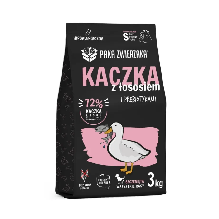 PAKA ZWIERZAKA Puppy Duck with Salmon S 3 kg teraviljavaba kuivtoit pardiga kasvuperioodil väikestele ja keskmistele kutsikatele