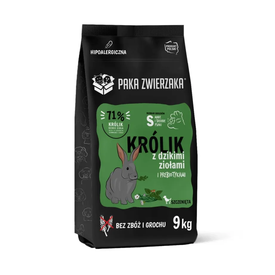 PAKA ZWIERZAKA Puppy Rabbit with Wild Herbs S 9 kg teraviljavaba küülikulihaga kuivtoit kutsikatele (väikestele ja keskmise suurusega tõugudele)