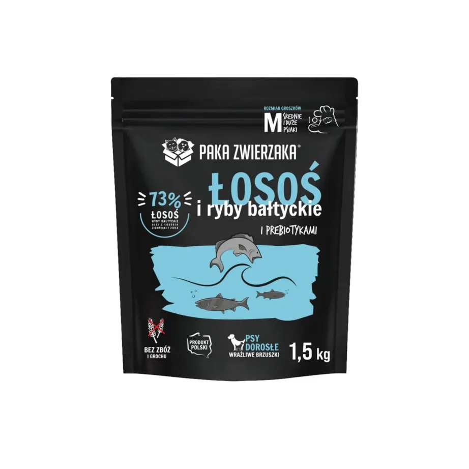 PAKA ZWIERZAKA lõhe kuivtoit suurtele koertele 1,5kg teraviljavaba täiskasvanud koertele