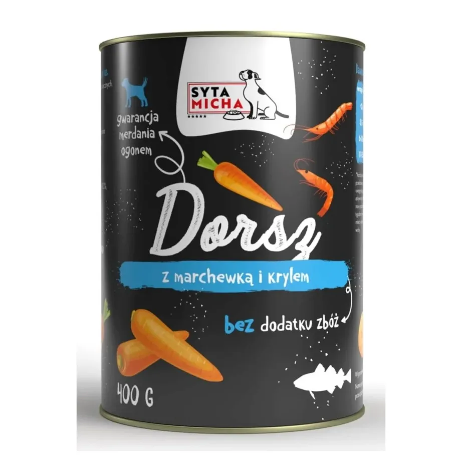 SYTA MICHA tursk, porgand ja krill 400g teraviljavaba märgtoit täiskasvanud koertele