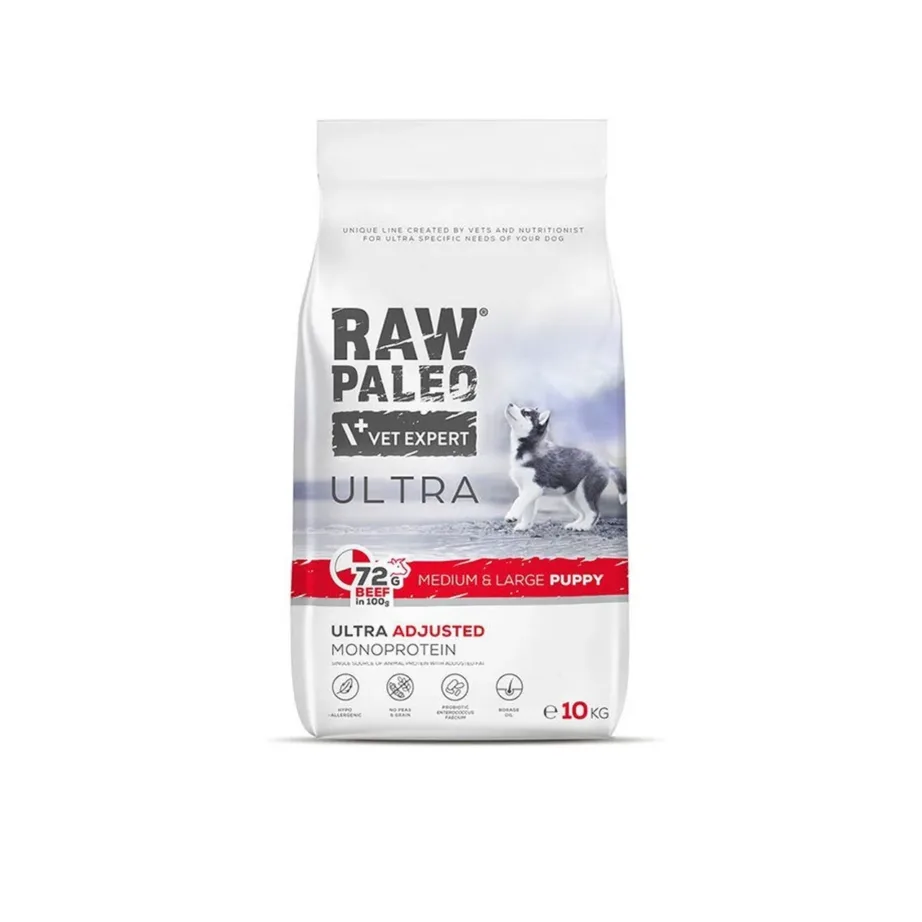 VetExpert Raw Paleo Ultra Medium&Large Puppy Beef 10 kg gluteeni- ja teraviljavaba kuivtoit noortele keskmistele ja suurtele koertele
