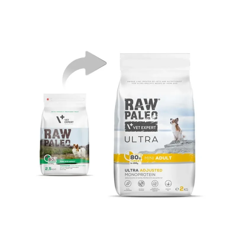 VetExpert Raw Paleo Ultra Mini Adult kalkunitoidu pakendid
