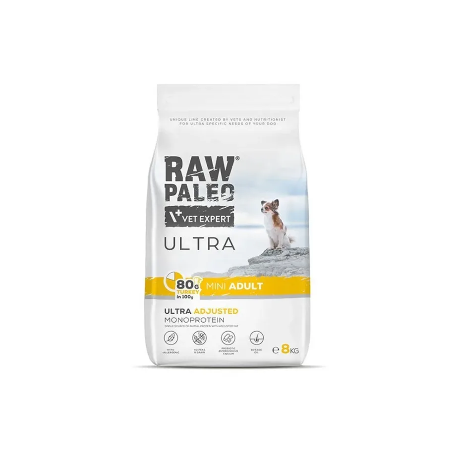 VetExpert RAW PALEO Ultra Mini Adult Turkey 8 kg gluteenivaba kuivtoit väikest tõugu täiskasvanud koertele