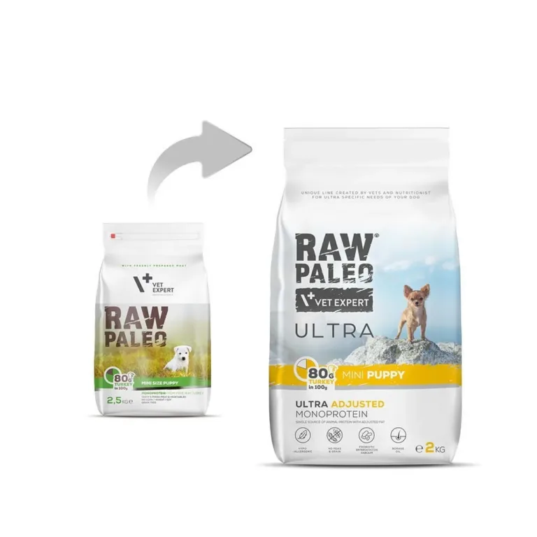 Kaks VetExpert Raw Paleo kuivtoidu pakendit väikestele kutsikatele