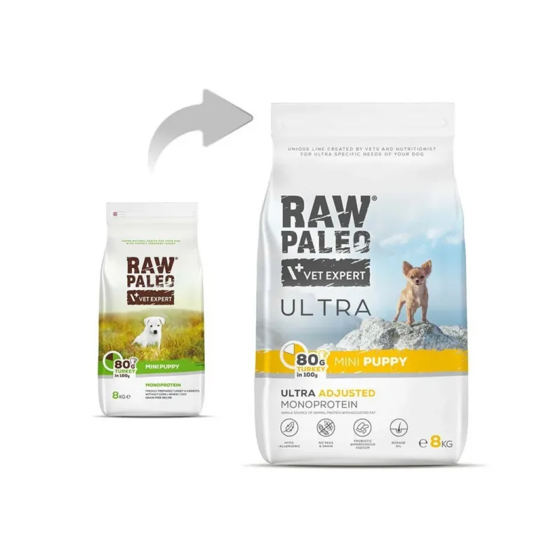 VetExpert Raw Paleo Ultra Mini Puppy uue ja vana pakendi võrdlus
