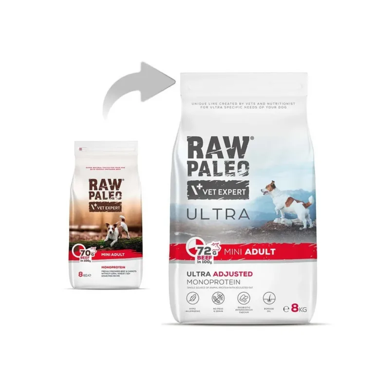 VetExpert Raw Paleo uus ja vana pakend veiselihaga kuivtoit väiksele koerale