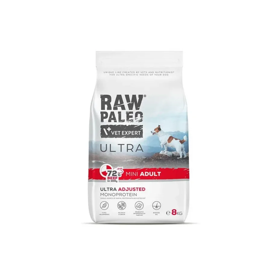 VetExpert Raw Paleo Ultra Mini Adult Beef 8 kg veiselihaga kuivtoit väikest tõugu täiskasvanud koertele