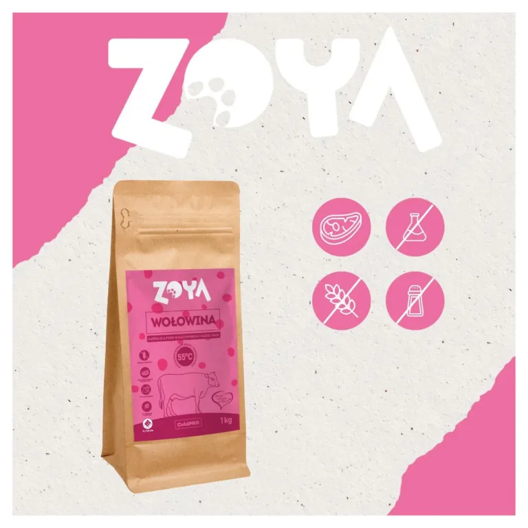 ZOYA veiselihaga gluteenivaba kuivtoit koertele 1kg pakk ja lisainfo ikoonid