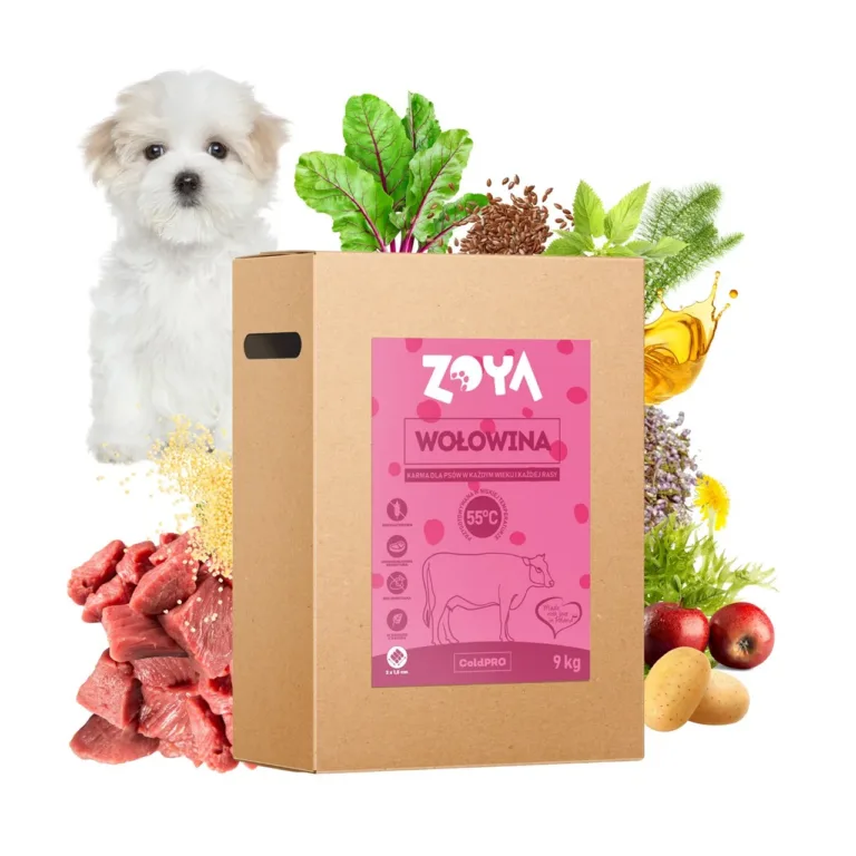 ZOYA ColdPRO Beef koeratoit pakend koos koostisosade ja väikese koeraga