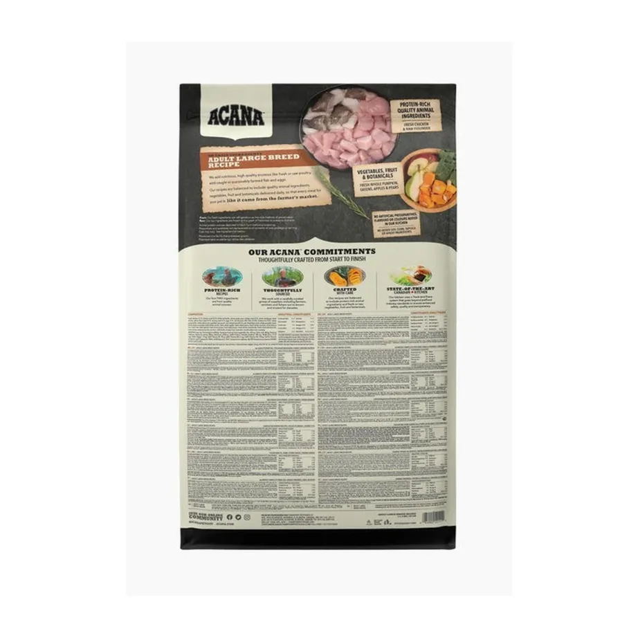 ACANA Adult Large Breed 17 kg gluteenivaba kuivtoit suurtele koertele koostisosad ja koostisainete info tagaküljel