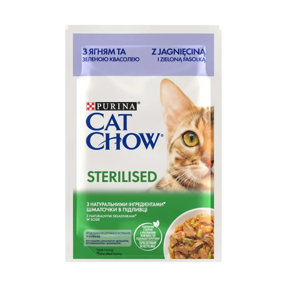 PURINA Cat Chow Sterilised 85g lambaliha ja roheliste ubadega teraviljavaba märgtoit kastreeritud täiskasvanud kassile