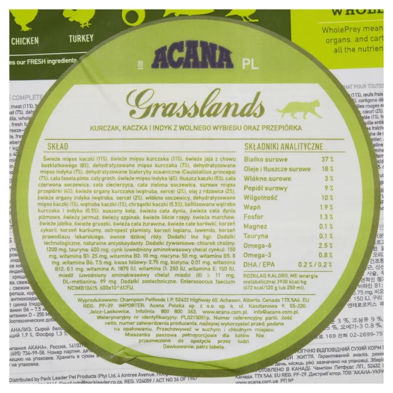 Kanaga kuivtoit kassile Acana Grasslands Cat detailne koostise info