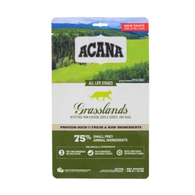 Kanaga kuivtoit kassile Acana Grasslands Cat 340g kauni rohelise pakendi esikülg