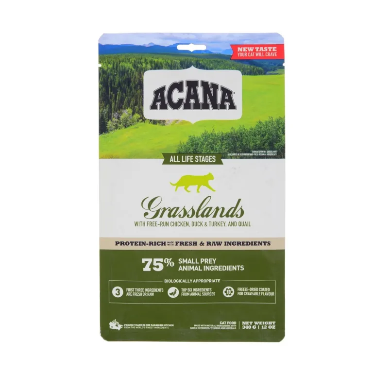 Kanaga kuivtoit kassile Acana Grasslands Cat 340g kauni rohelise pakendi esikülg