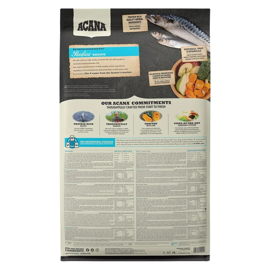 Acana Pacifica koeratoidu koostisosad ja info tagakülg