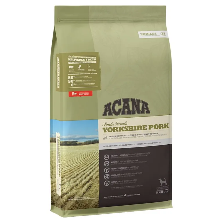 acana yorkshire pork koeratoit 11,4 kg pakend põldude taustal