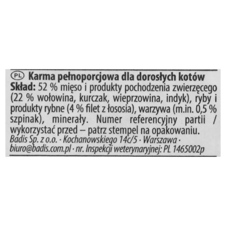 Veiseliha lõhega kassitoit koostise märgistusega