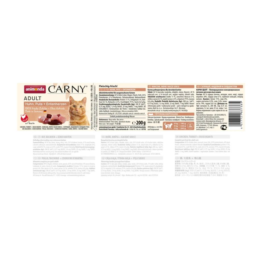 Animonda Carny kassitoit 200g koostise ja toitainetega silt
