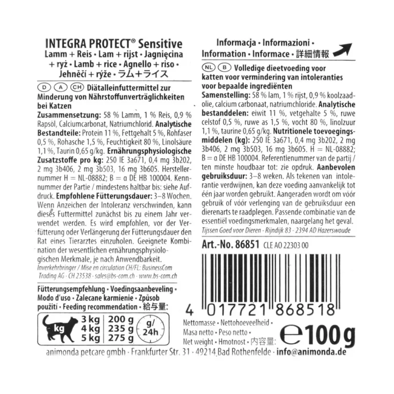 lambalihaga gluteenivaba märgtoit kassile Animonda Integra Sensitiver 100g nurga alt