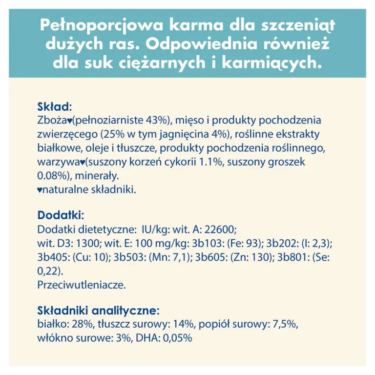 Purina Dog Chow Puppy koostisosade ja analüüsi info tabelis