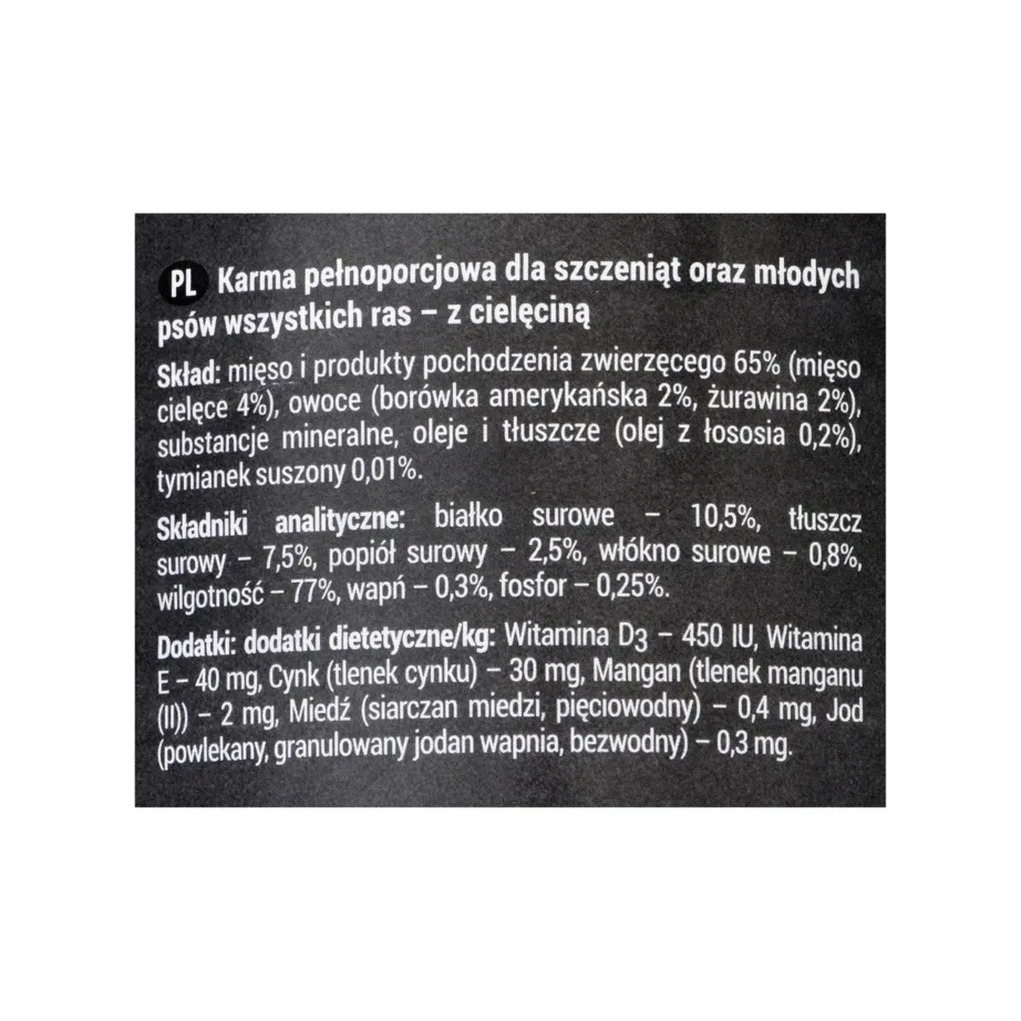 vasikaliha märgtoit kutsikale koostise sildil