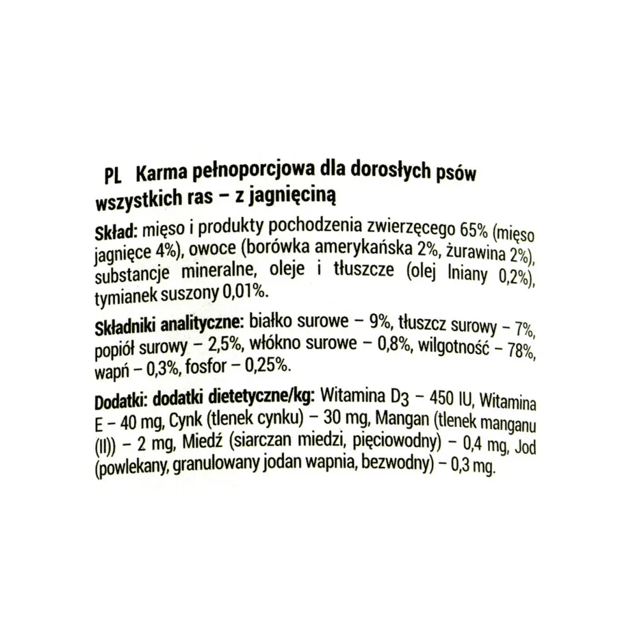 lambalihaga koerakonserv 400g koostisosade ja toiteväärtuse silt