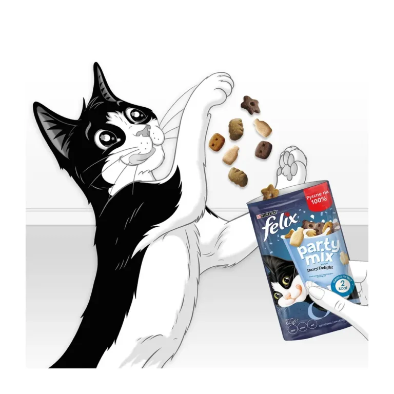 Felix Party Mix kassimaius kass ja pakend illustratsioon