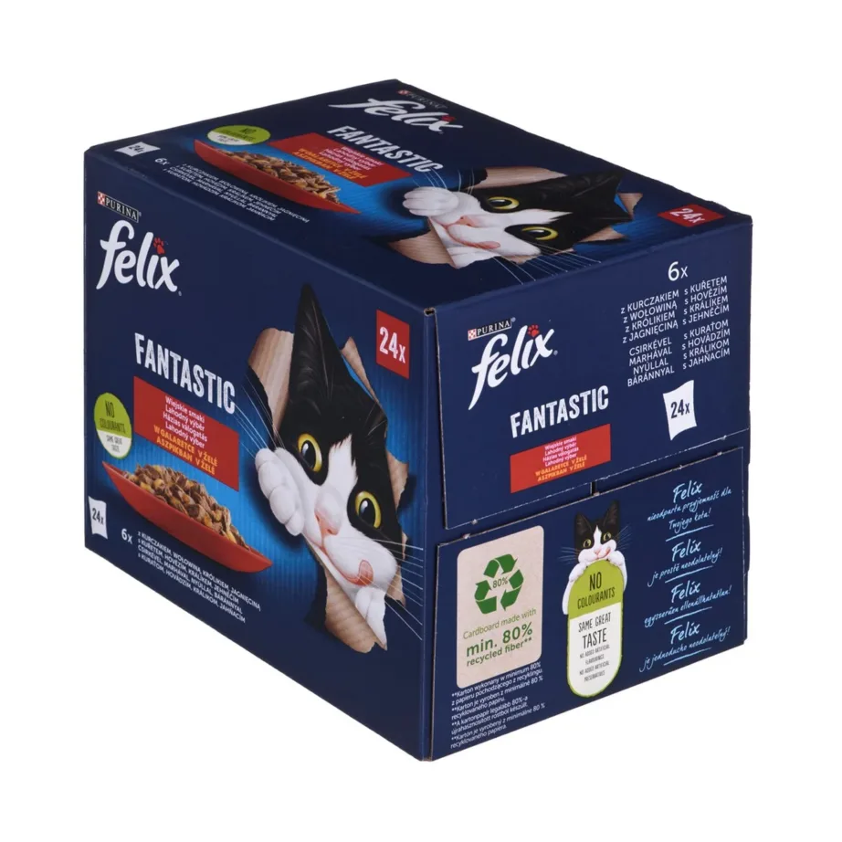 PURINA Felix Fantastic 24x85g veise-, kana-, jänese- ja lambalihaga märgtoit täiskasvanud kassidele