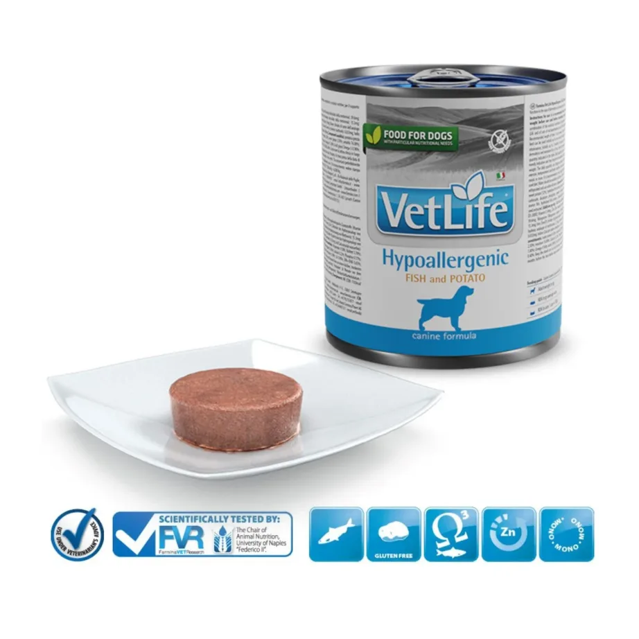hüpoallergeenne koerte märgtoit kala Farmina Vet Life 300g konserv ja toidupala taldrikul