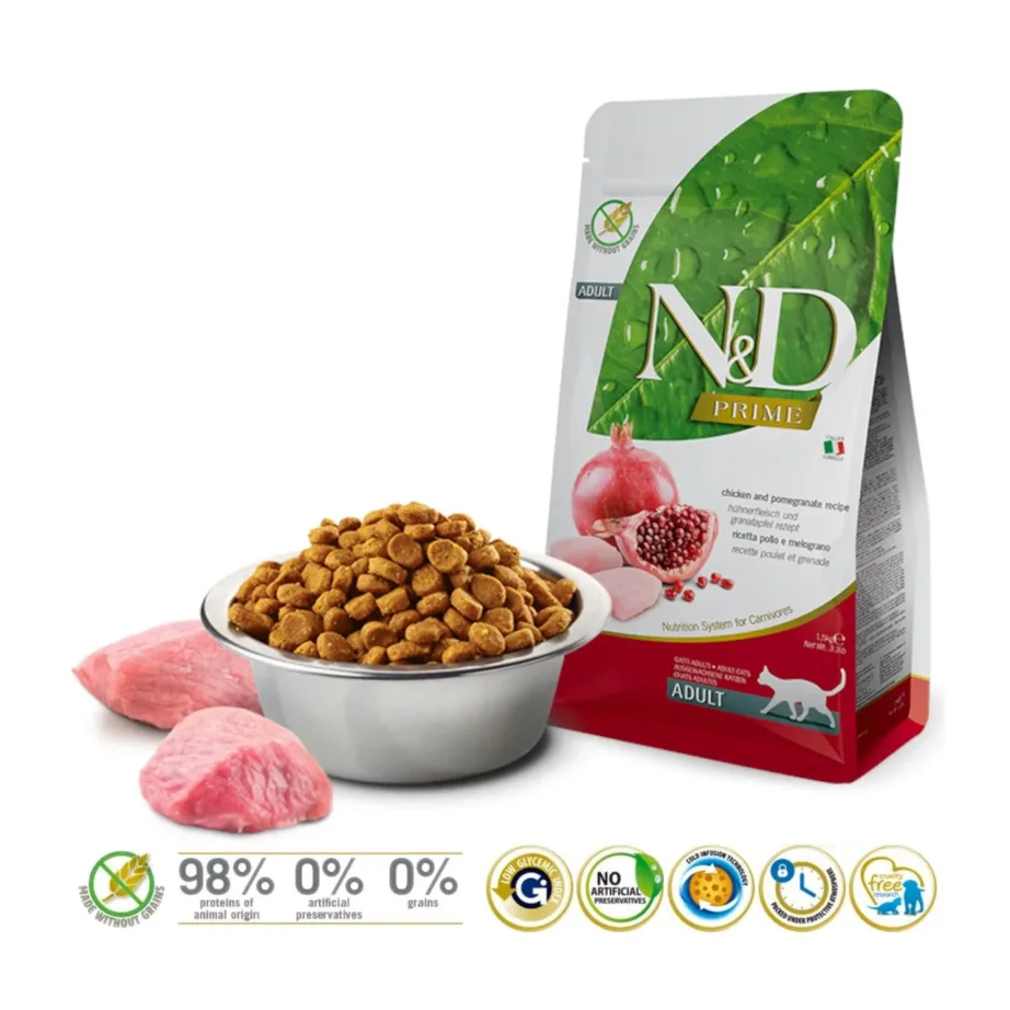 kana ja granaatõunaga kassitoit Farmina N&D 1,5kg pakend kauss ja kana
