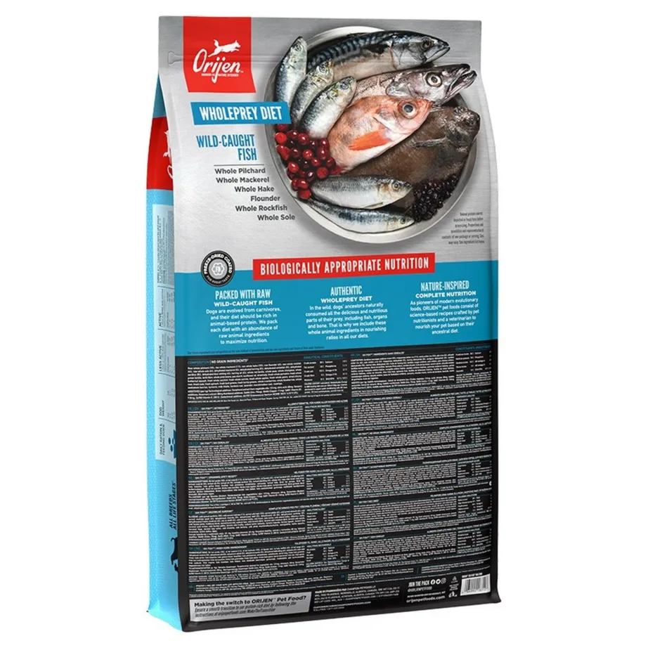 Orijen Six Fish teraviljavaba koeratoit kalaga koostisosad