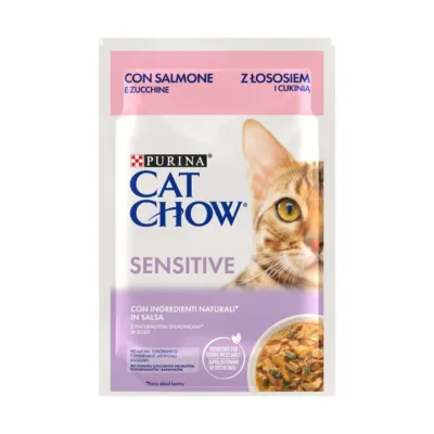 Purina Cat Chow Sensitive lõhe ja suvikõrvitsaga kassitoidu pakend