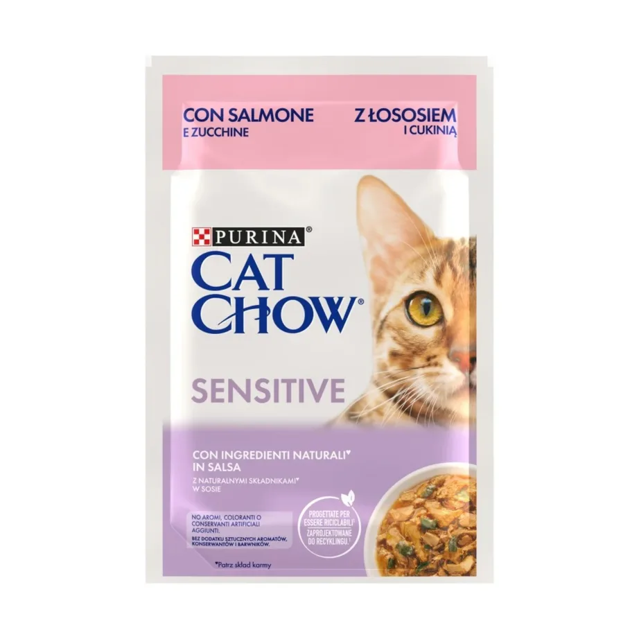 Purina Cat Chow Sensitive lõhe ja suvikõrvitsaga kassitoidu pakend