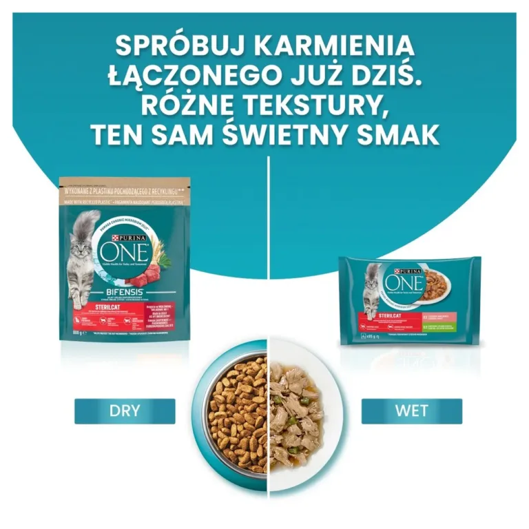 Steriliseeritud kassi kuivtoit veiselihaga PURINA One pakend ja toit