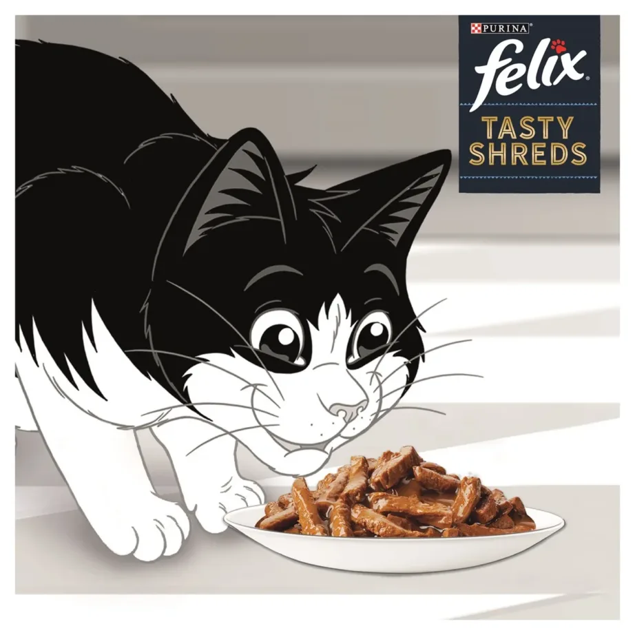 märgtoit kassile lõhe tuunikalaga Felix Tasty Shreds kass söömas