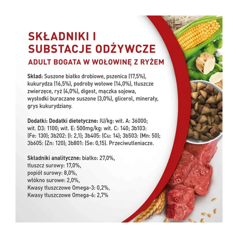 PURINA One Mini Adult koostisosade ja analüüsi tabel